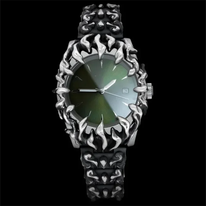 Ornate silver wristwatch with green face from Futuristic Anime Inspired Claw Alabaster Watch