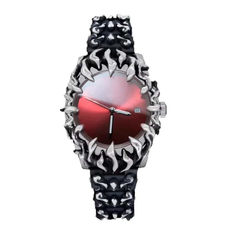 Ornate silver and black Futuristic Anime Inspired Claw Alabaster Watch with red face