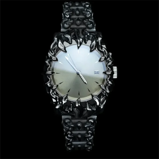 Ornate silver wristwatch from the Futuristic Anime Inspired Claw Alabaster Watch collection