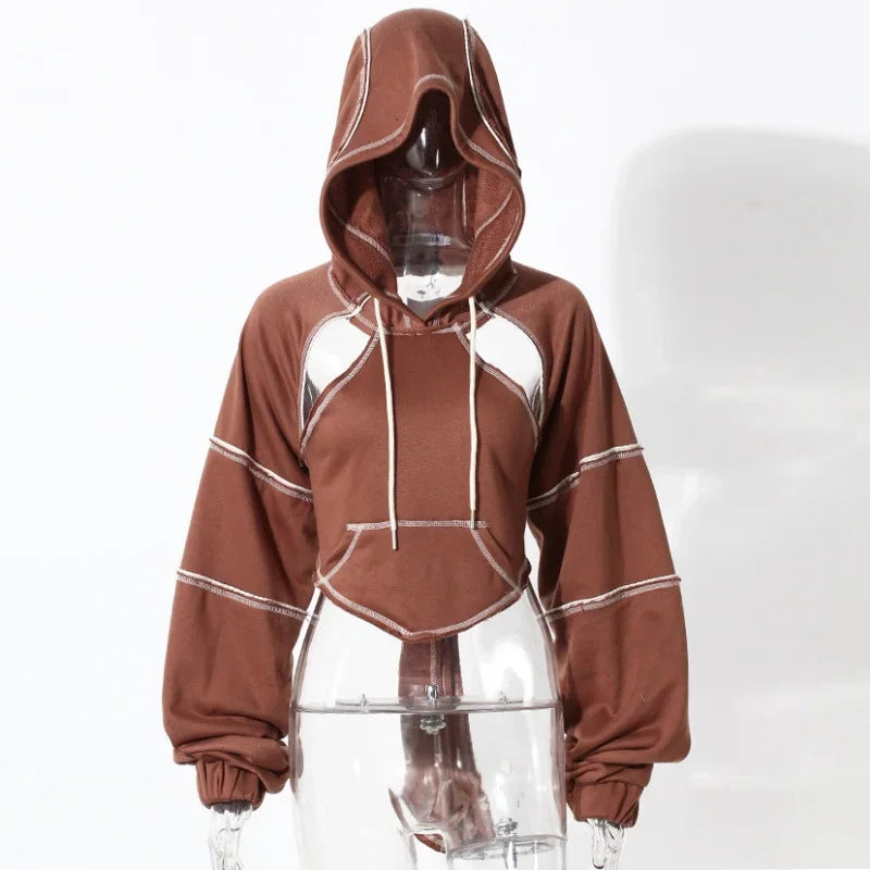 Brown cropped hoodie with white stitching in a Color Block Y2K style for high street Harajuku