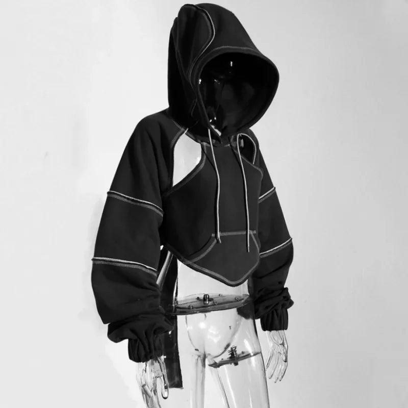 Black cropped hoodie with cutouts from the Color Block Y2K collection for high street Harajuku style