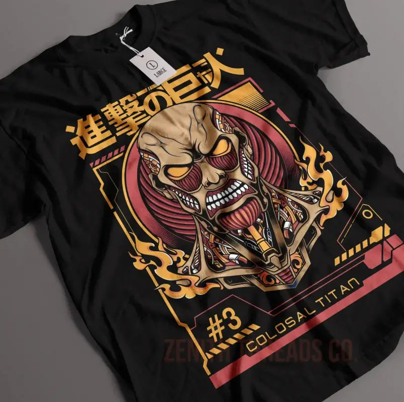 Black t-shirt featuring a Japanese-style demon skull design with gold and red accents.