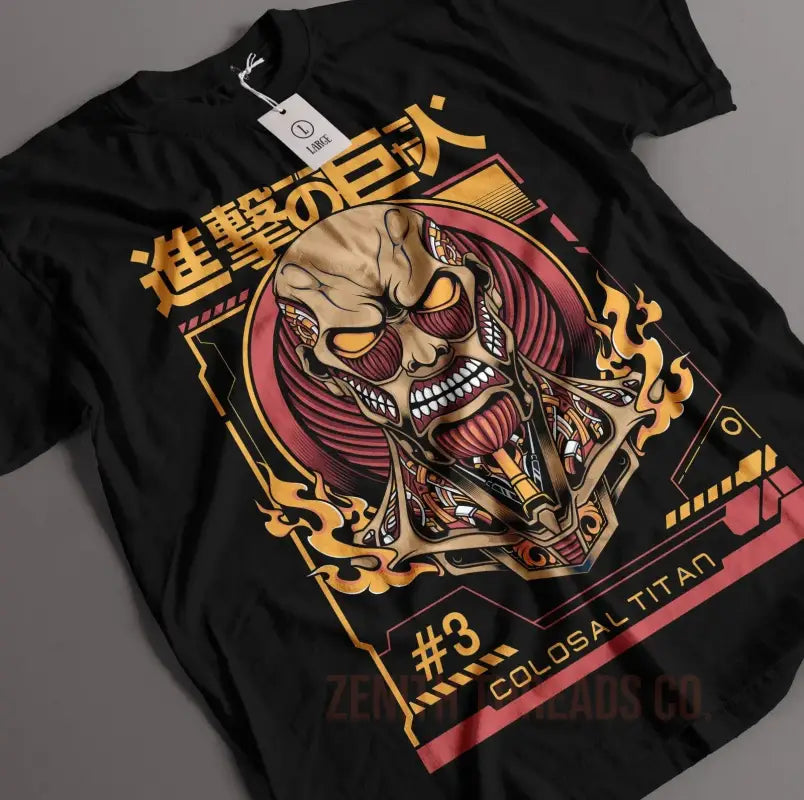 Black t-shirt featuring a stylized Japanese demon skull design with kanji text and chains in orange and red colors.