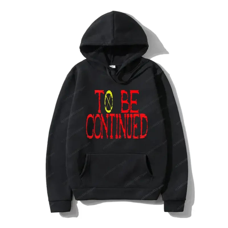 Black hoodie with To Be Continued text, perfect for One Piece anime sweatshirt fans