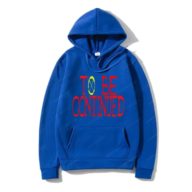 Blue hoodie featuring To Be Continued text, perfect for One Piece anime sweatshirt enthusiasts