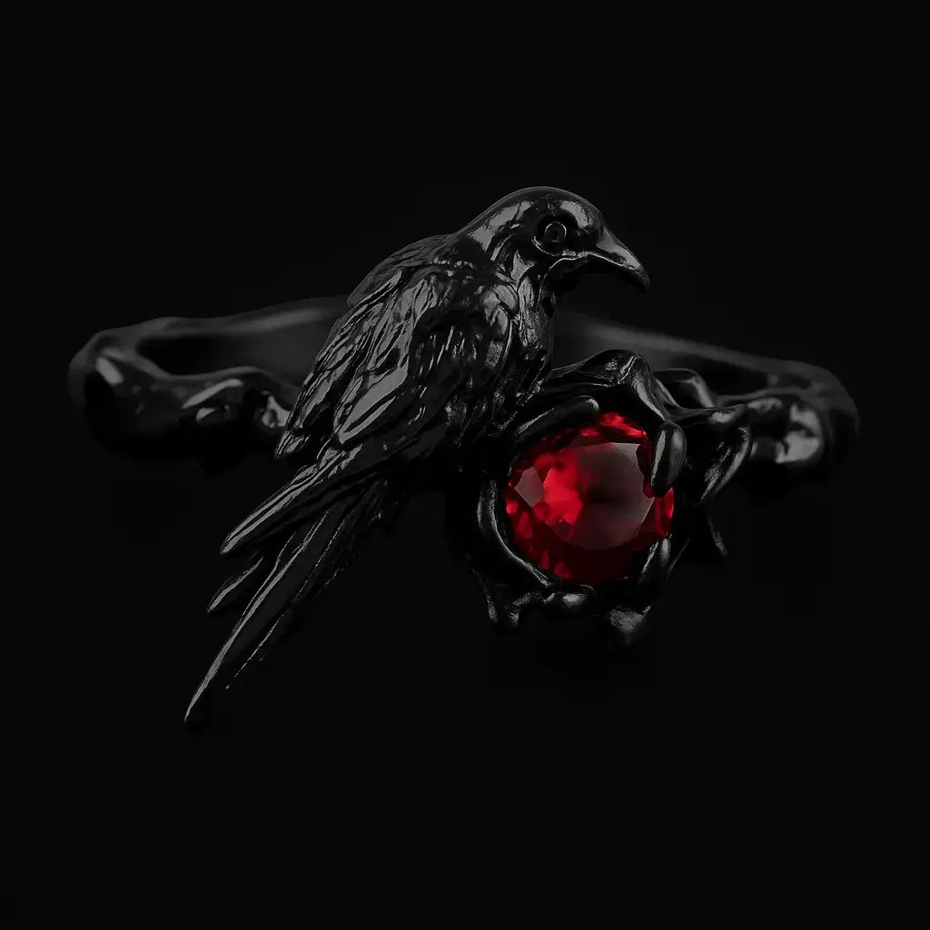 Crimson‑Eyed Raven Ring