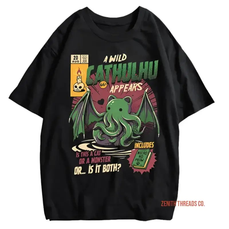 Black t-shirt featuring a cartoon Cthulhu design with green and pink colors and text about a wild Cthulhu appearing.