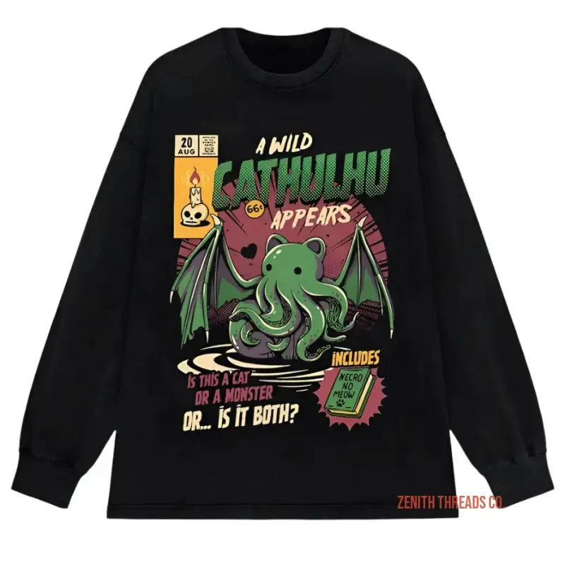 Black long-sleeve t-shirt featuring a cartoon Cthulhu design with text in green and pink colors.