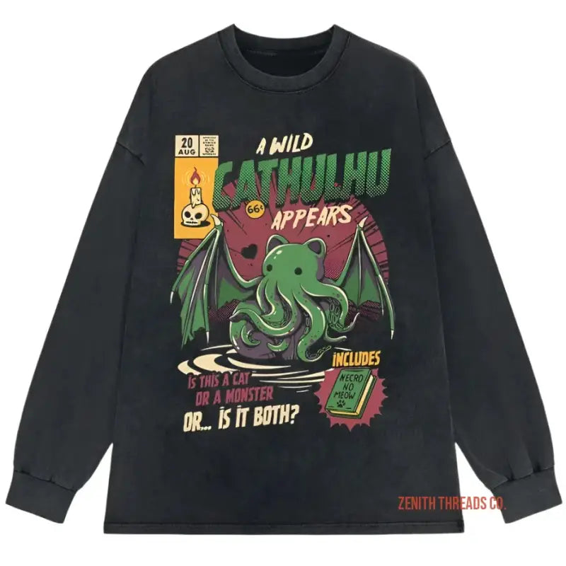 Black long-sleeve t-shirt featuring a retro-style Cthulhu monster design with green and red graphics.