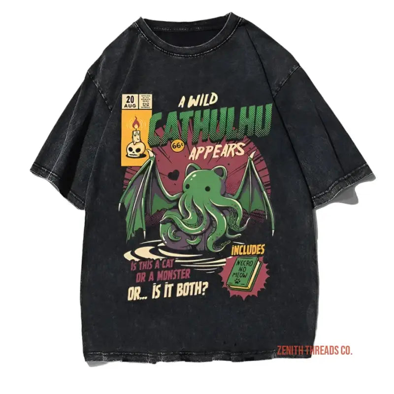 Black t-shirt featuring a cartoon Cthulhu design with comic book style text and graphics.