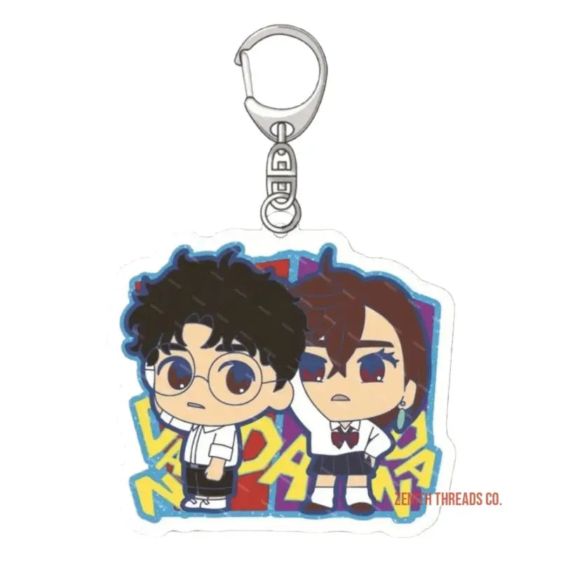 Anime-style acrylic keychain charm featuring two chibi characters in school uniforms.