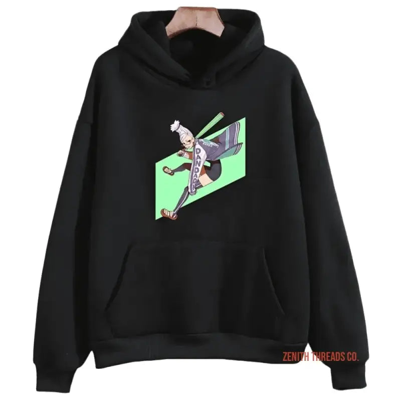 Black hoodie with an anime-style character graphic design on the front.