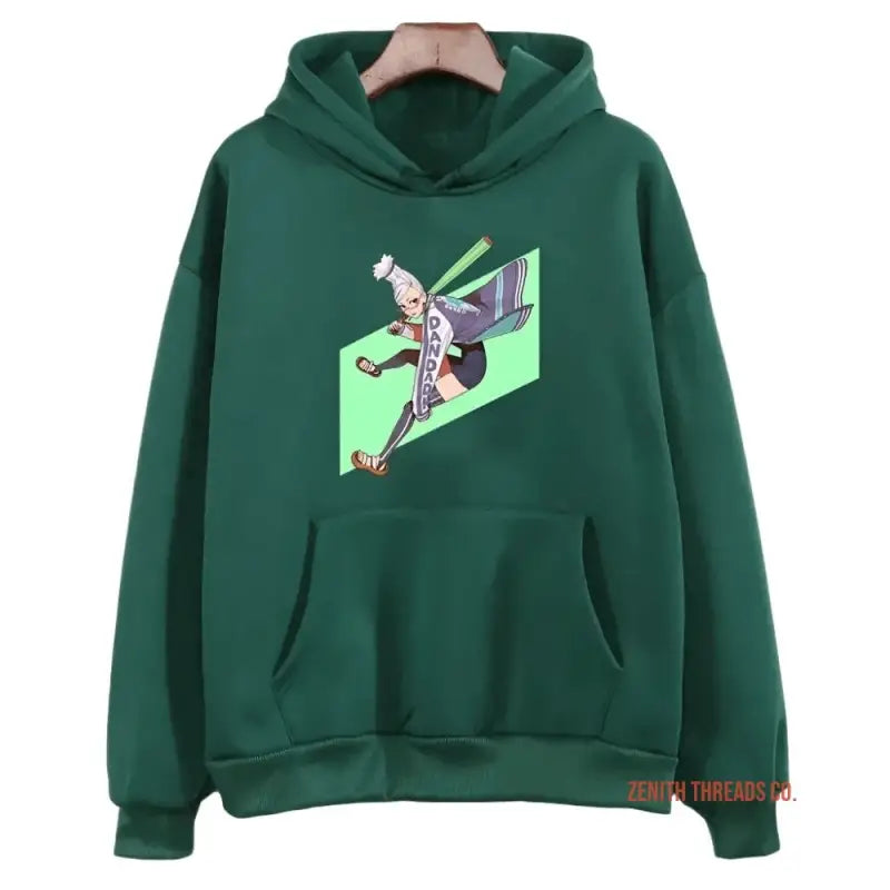 Green hoodie sweatshirt with an animated character graphic on the front.