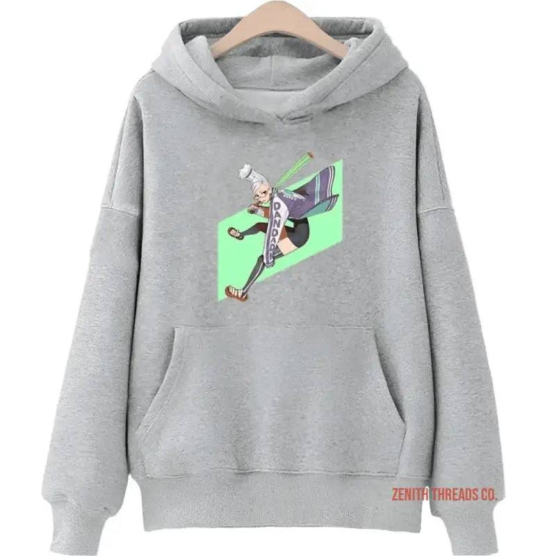 Grey hoodie sweatshirt with a green and black climbing figure graphic on the front.