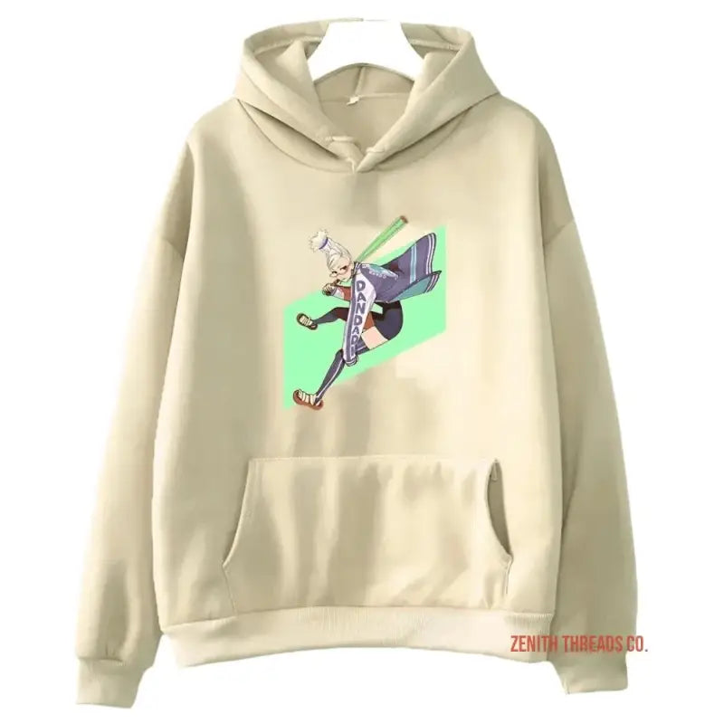 Beige hoodie with an animated character graphic print and front pocket.