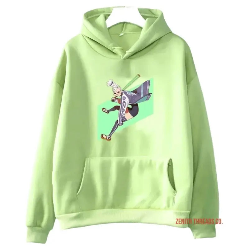 Light green hoodie with an anime character graphic print and front pocket.