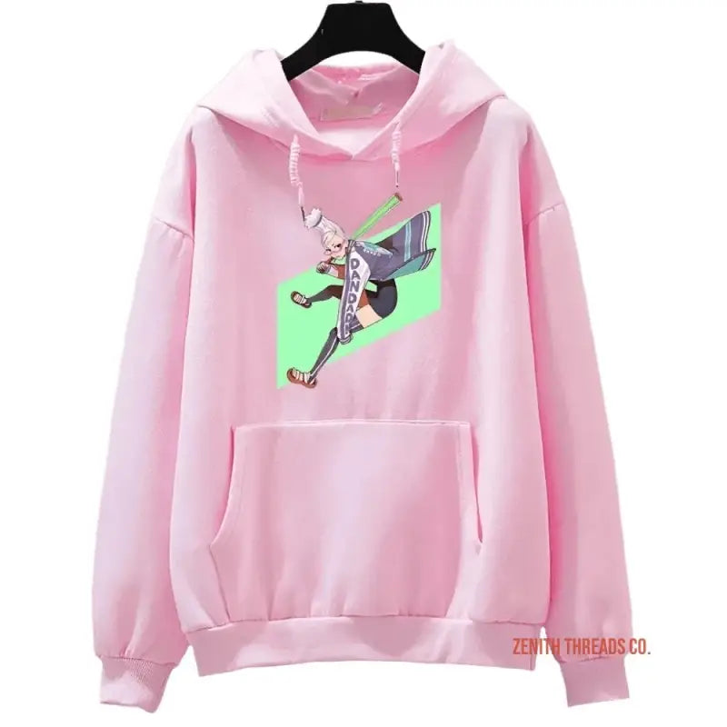 Pink hoodie with an animated character graphic on the front and a kangaroo pocket.