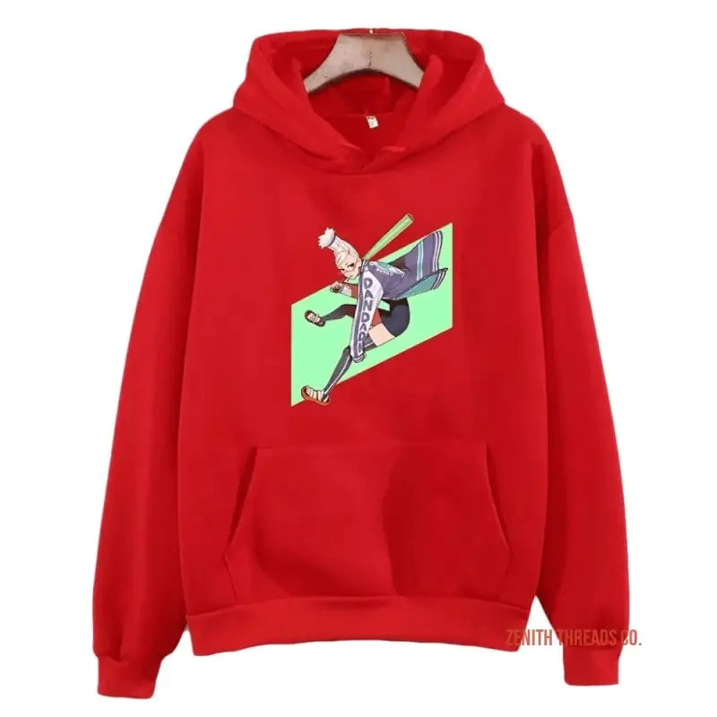 Red hoodie sweatshirt with a baseball player graphic design on the front.