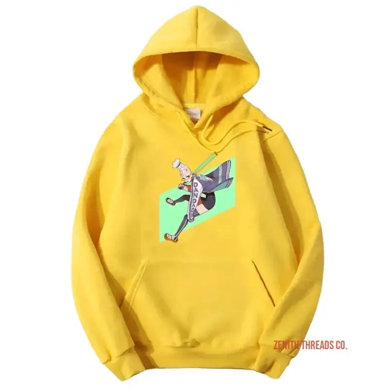 Yellow hoodie with a cartoon character graphic on the front.