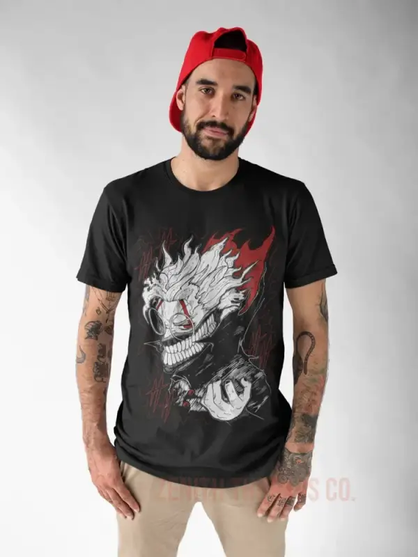 Black t-shirt featuring a monochromatic monster face design with red accents.