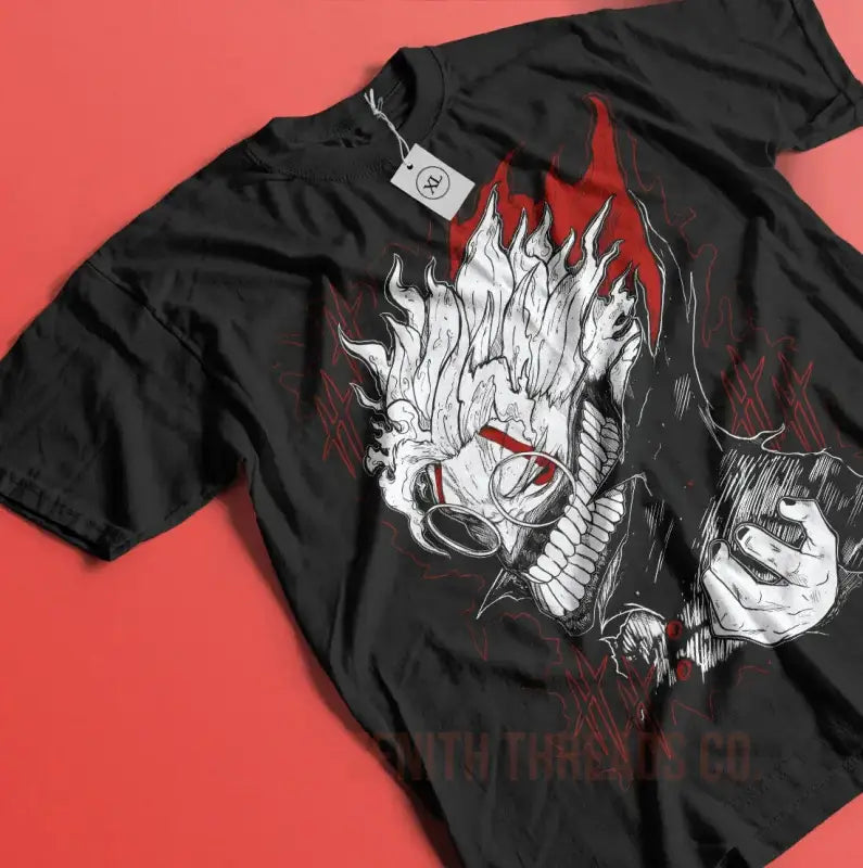 Black t-shirt with white and red dragon artwork design.