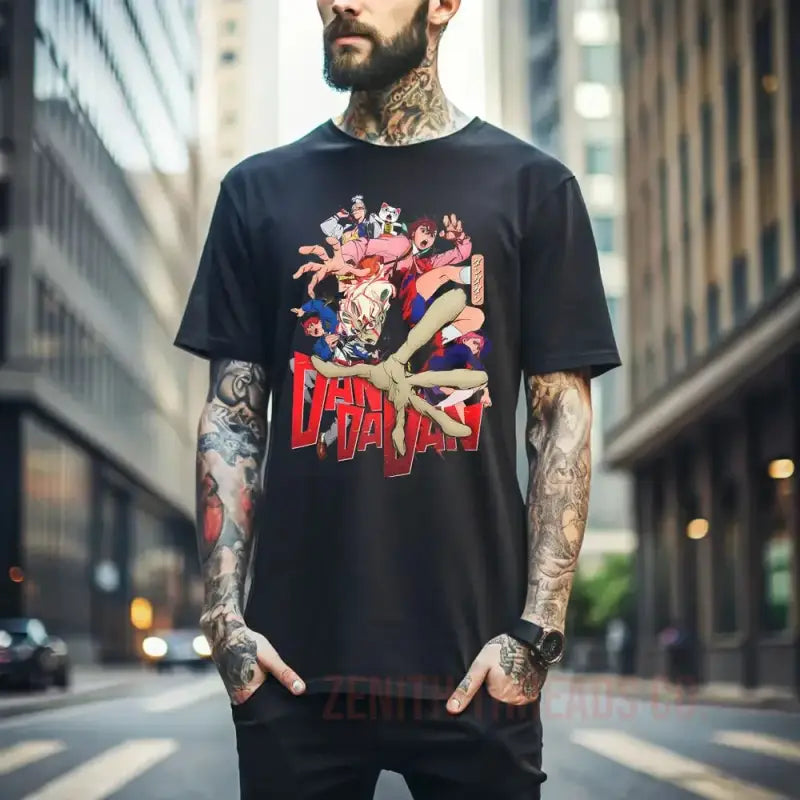 Black t-shirt with colorful anime-style graphic artwork.