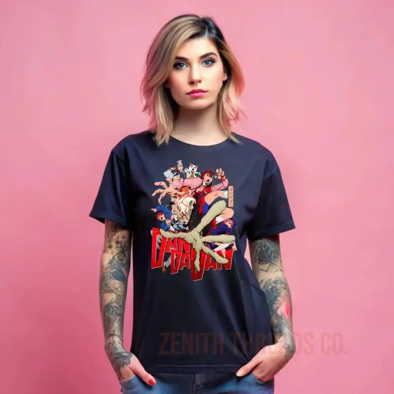 Navy blue t-shirt featuring a rock-style graphic design with red and white elements.