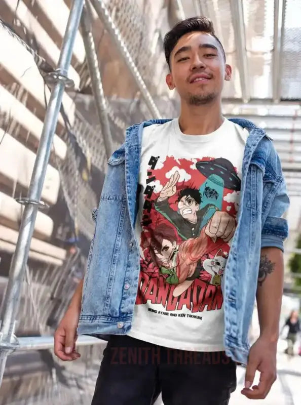 A person wearing a denim jacket over an anime-themed t-shirt.