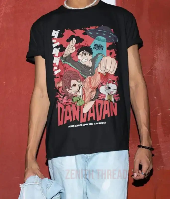 Black t-shirt featuring anime-style artwork with ’DANGADAN’ text in red.