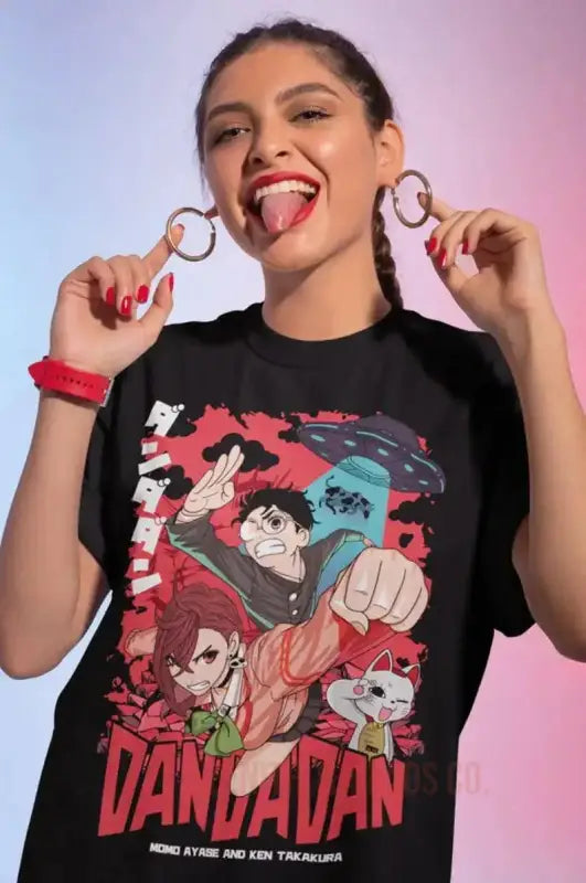 Black t-shirt featuring anime-style artwork in red and blue tones.