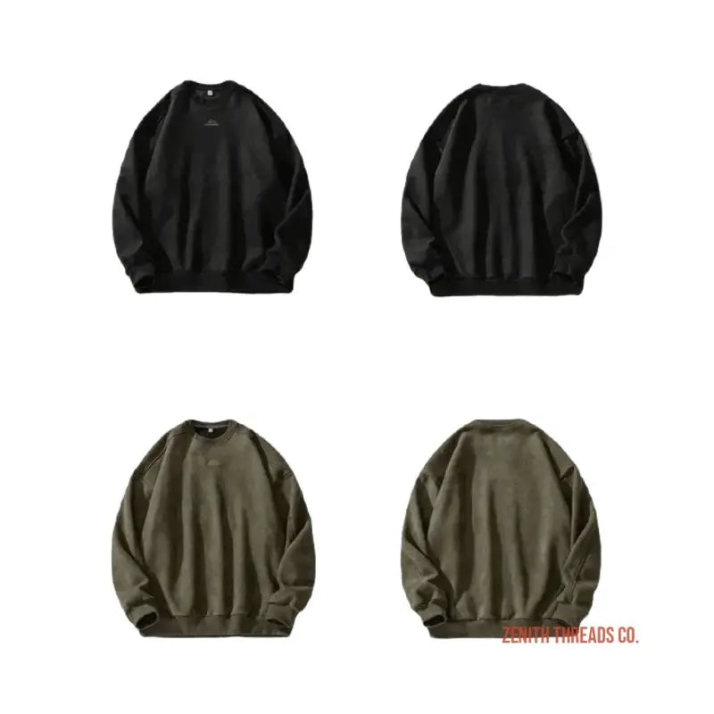 Plain crewneck sweatshirts shown in black and olive green colors.