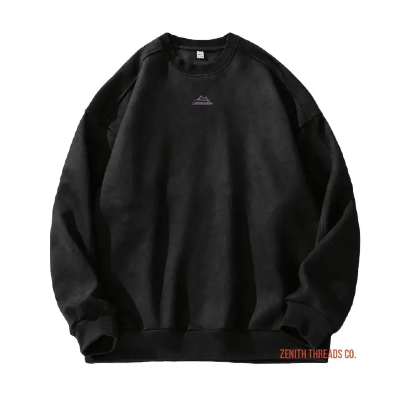 Black crewneck sweatshirt with minimal mountain logo design.