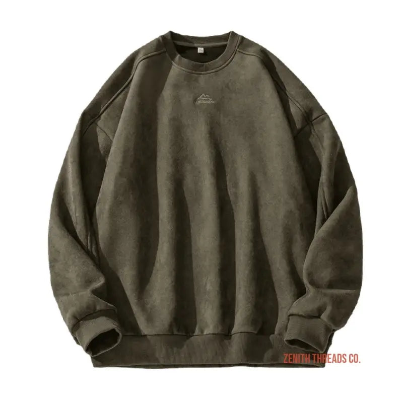 Olive green crewneck sweatshirt with a subtle mountain logo.