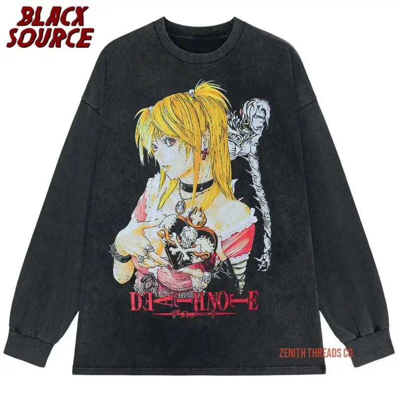 Black long-sleeve t-shirt featuring anime-style artwork from Death Note with yellow and pink character illustrations.