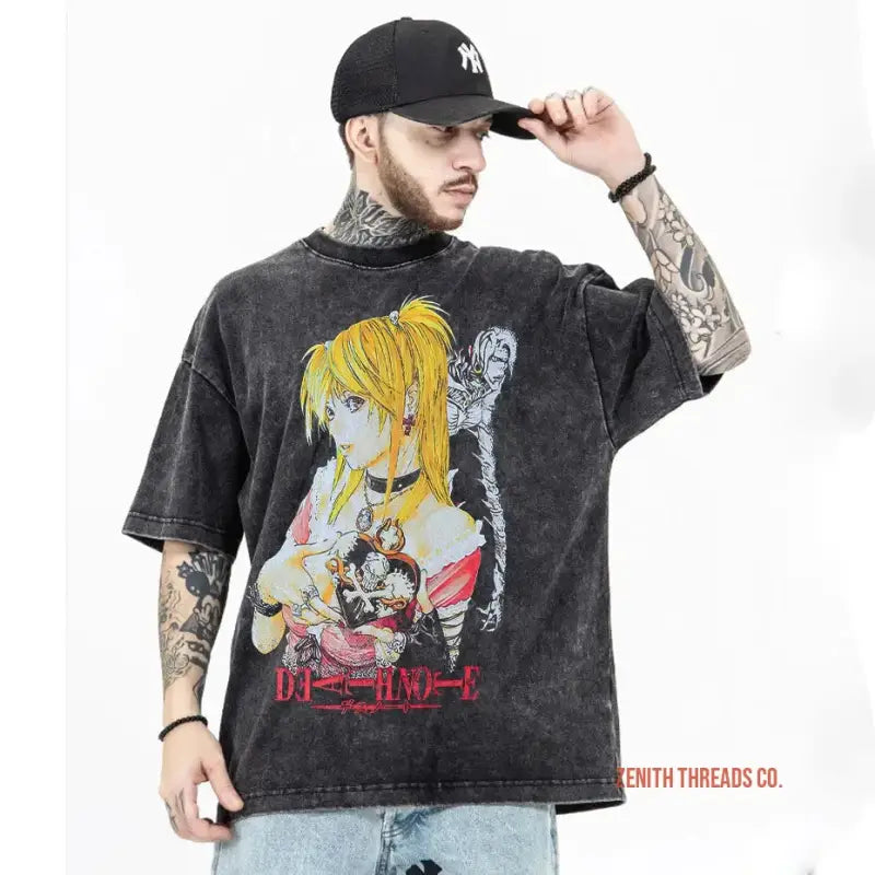 Black vintage-style t-shirt featuring anime character artwork with Japanese text and yellow/red colors.