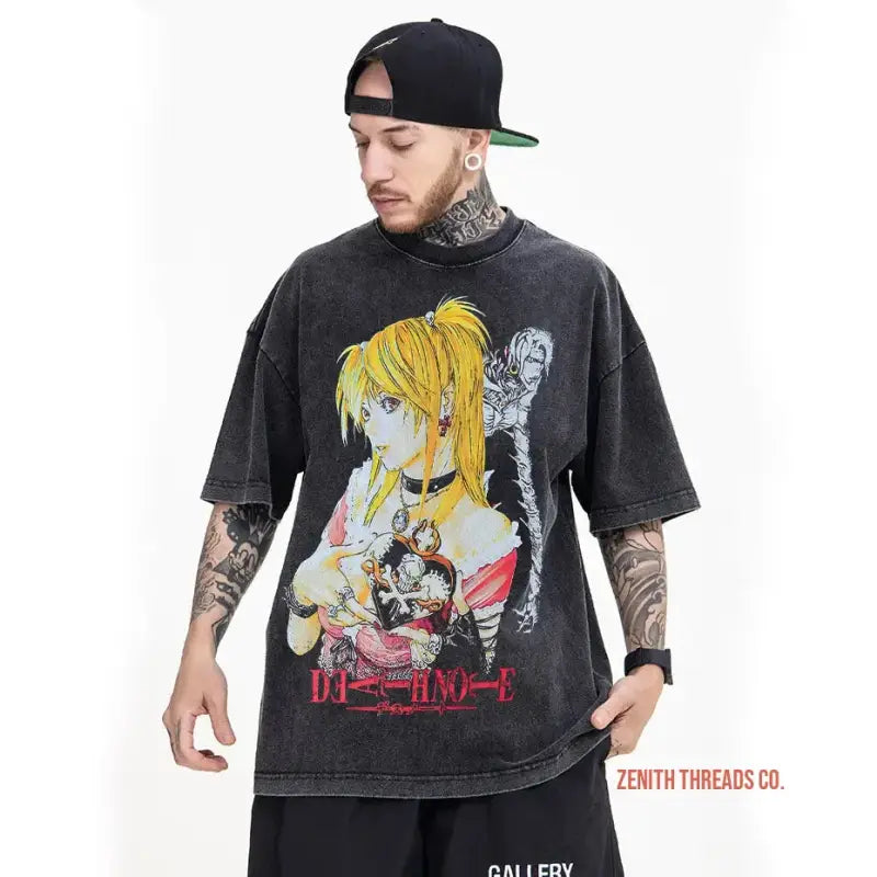 Black vintage-style t-shirt featuring anime artwork with Japanese text and a blonde character design.