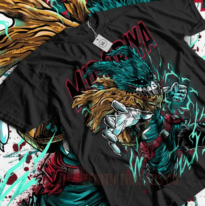 Black t-shirt featuring dynamic artwork of a lion with turquoise and brown mane in an aggressive pose.