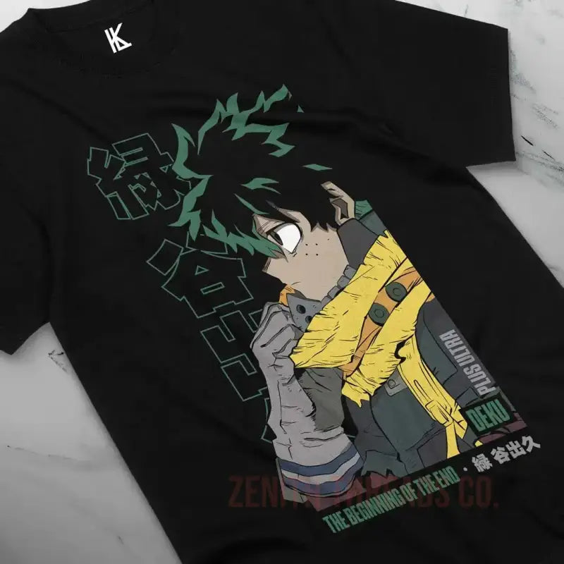 Black t-shirt featuring an anime character design with green hair and yellow accents.