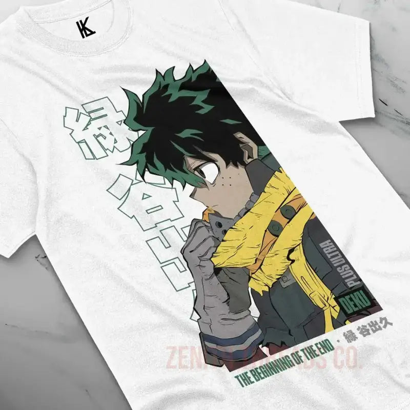 White t-shirt featuring anime-style artwork of a character in a yellow scarf and gray jacket.