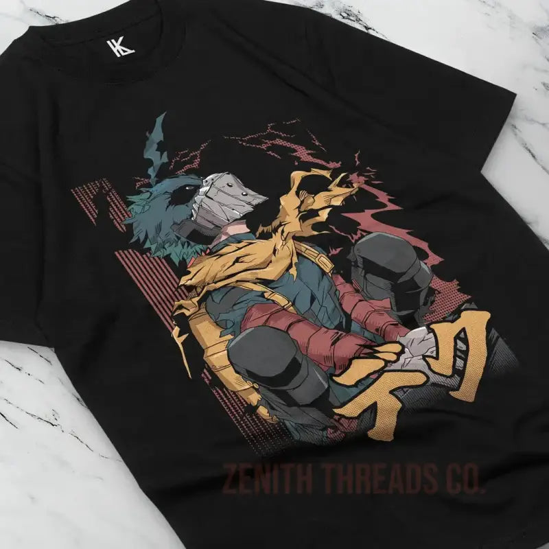 Black t-shirt featuring a stylized anime-inspired battle scene design with dynamic colors and motion effects.