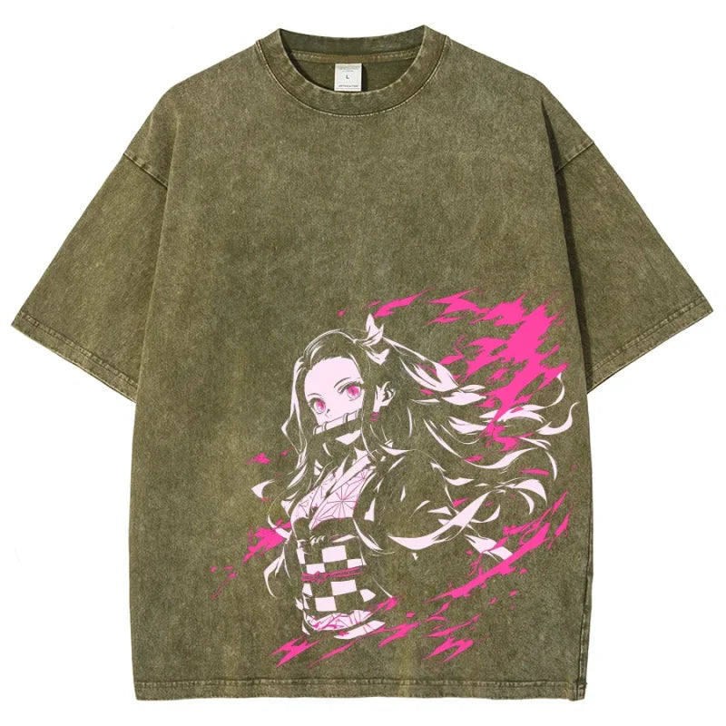 Olive green t-shirt featuring Demon Slayer Nezuko graphic in a vintage washed style