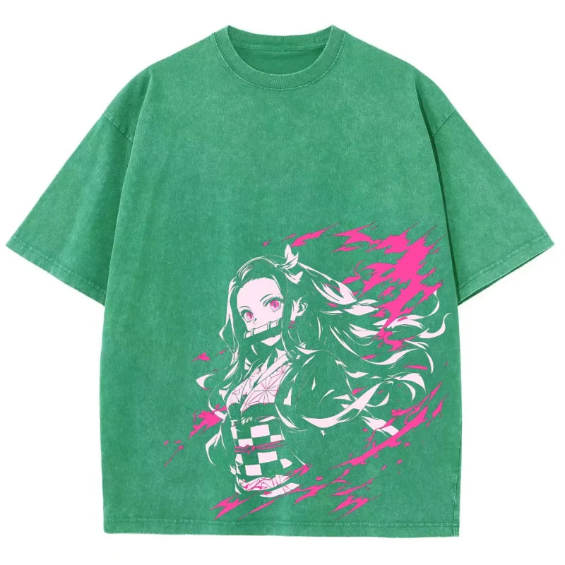 Green T-shirt featuring Demon Slayer Nezuko graphic embodying anime spirit and style