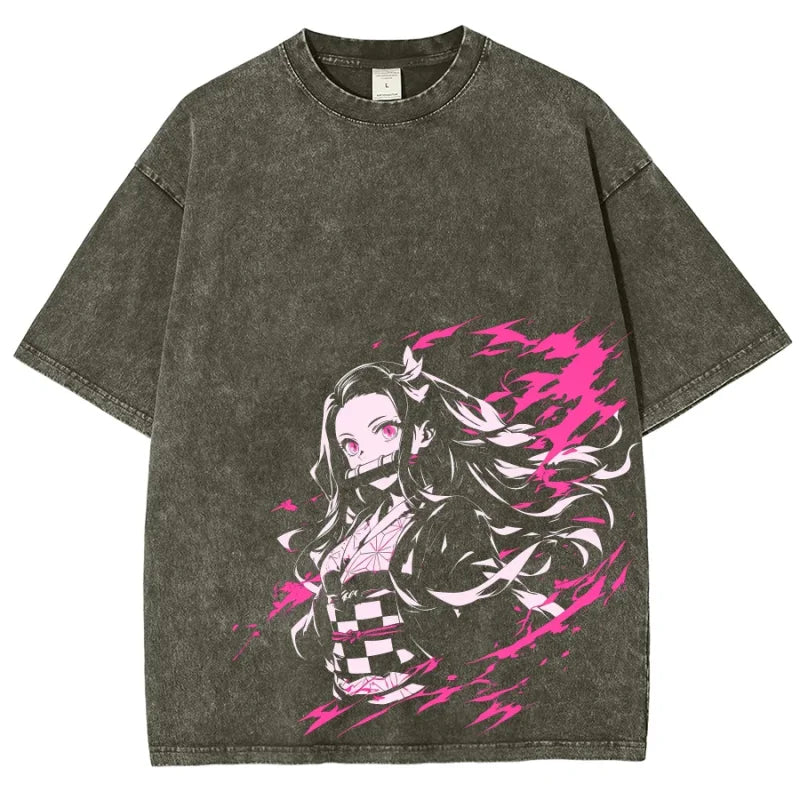 Gray t-shirt featuring Demon Slayer Nezuko graphic in a vintage washed style