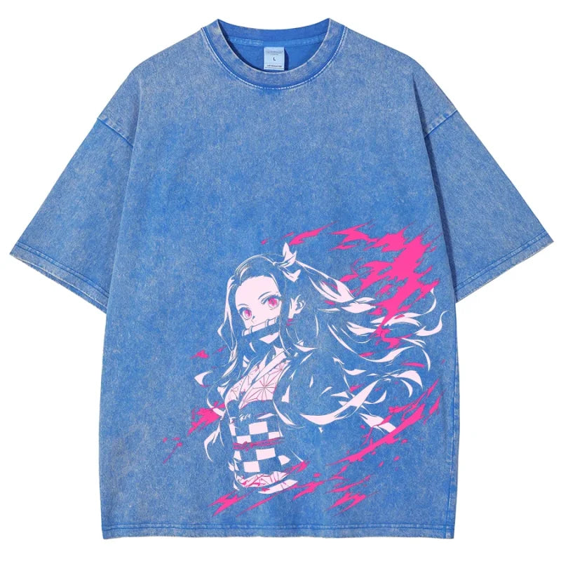 Blue t-shirt featuring Demon Slayer Nezuko graphic in vintage washed style