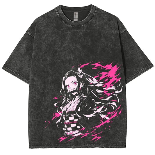 Gray t-shirt featuring Demon Slayer Nezuko graphic in vintage washed style