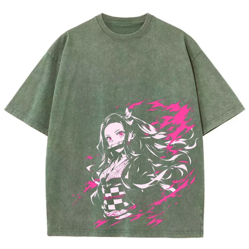 Green t-shirt featuring Demon Slayer Nezuko graphic, perfect for anime enthusiasts