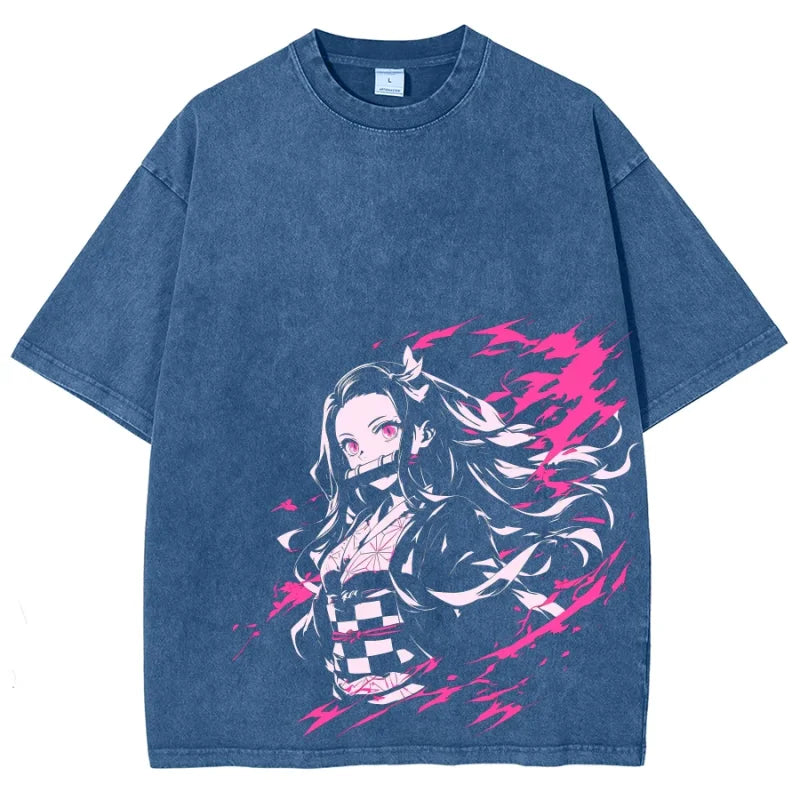 Blue t-shirt featuring Demon Slayer Nezuko graphic in a vintage washed design