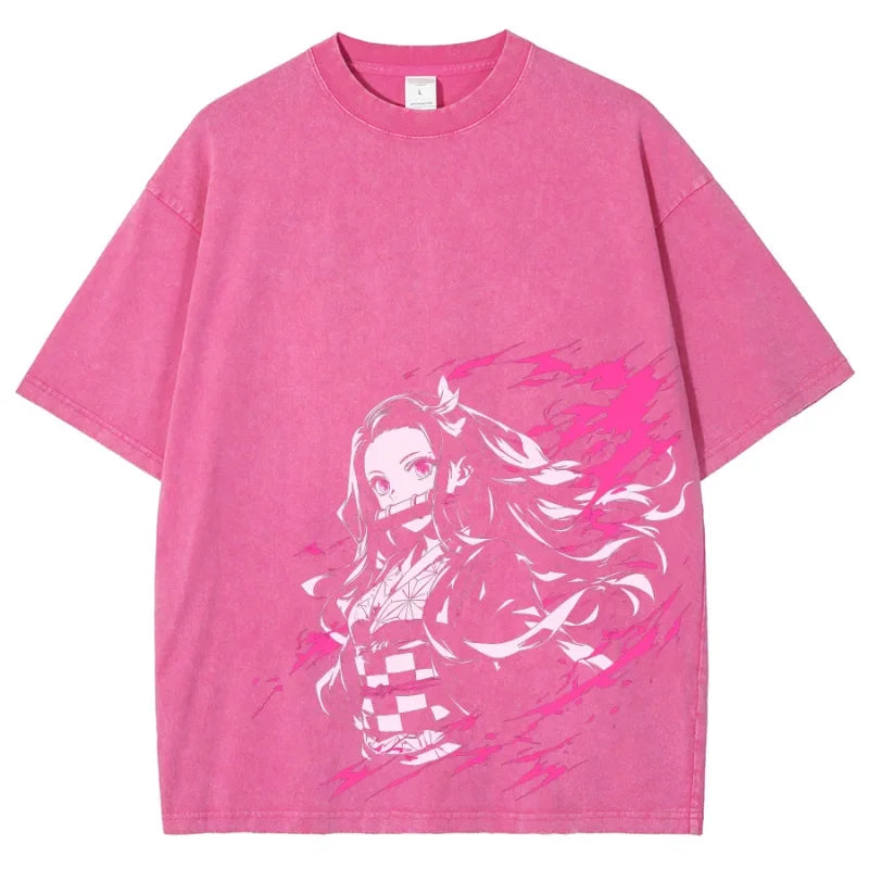 Pink Demon Slayer Nezuko vintage washed tee showcasing anime character design