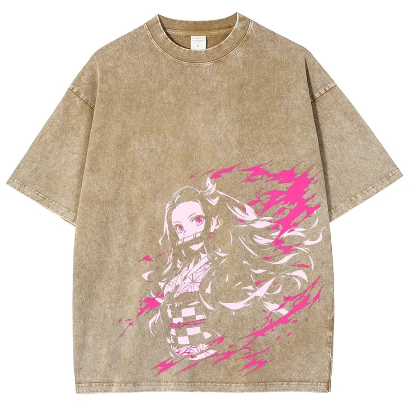 Tan t-shirt featuring Demon Slayer Nezuko graphic, embodying a vintage washed style