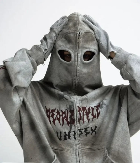 Gray hoodie with built-in stained face mask from the Destructive Stained Face collection